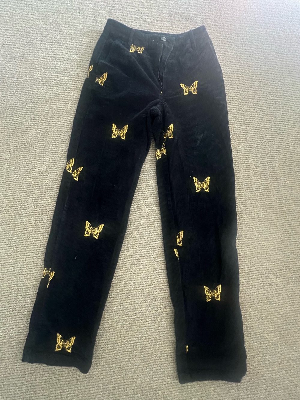 Black Corduroy Women's Jeans with Gold Butterfly Embroidery